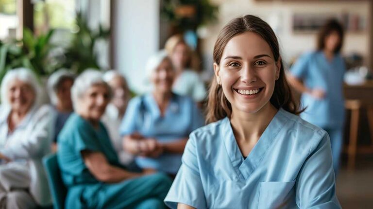 Older adult and family member reviewing care information together in a bright assisted living sitting room.